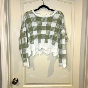 Just Polly Green and White Crew Neck Sweater with Scalloped Hem
